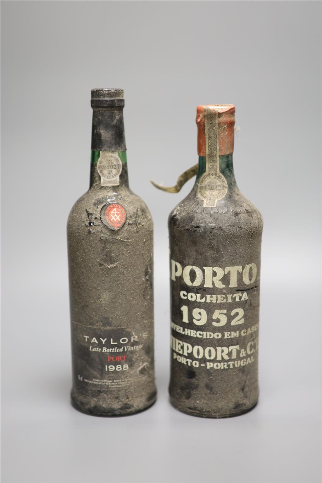 A bottle of Porto Colheita 1952 and a bottle of Taylors late bottled vintage port 1988